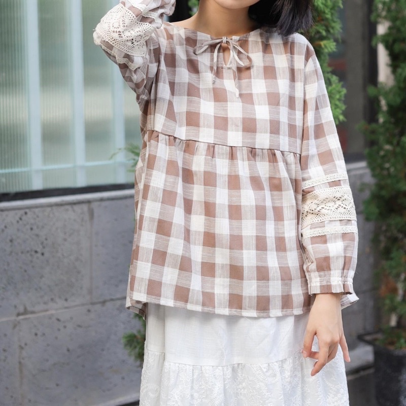Áo babydoll caro phối ren | Lá Xoè