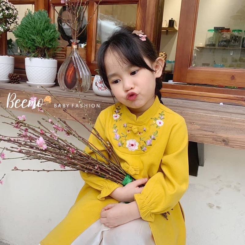 Set áo dài nhung tăm thêu hoa kèm quần cho bé gái từ 8-23kg