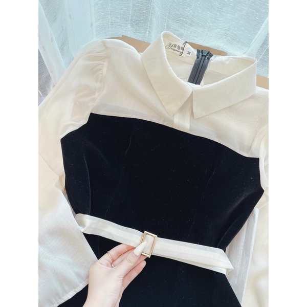 💥sỉ💥 VÁY NHUNG PHỐI TAY -ĐAI EO RỜI