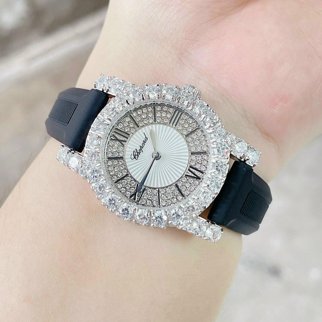 Đồng hồ nữ chopard dây da màu đen 28mm full đá  - máy quazt thụy - Bảo hành 24 tháng