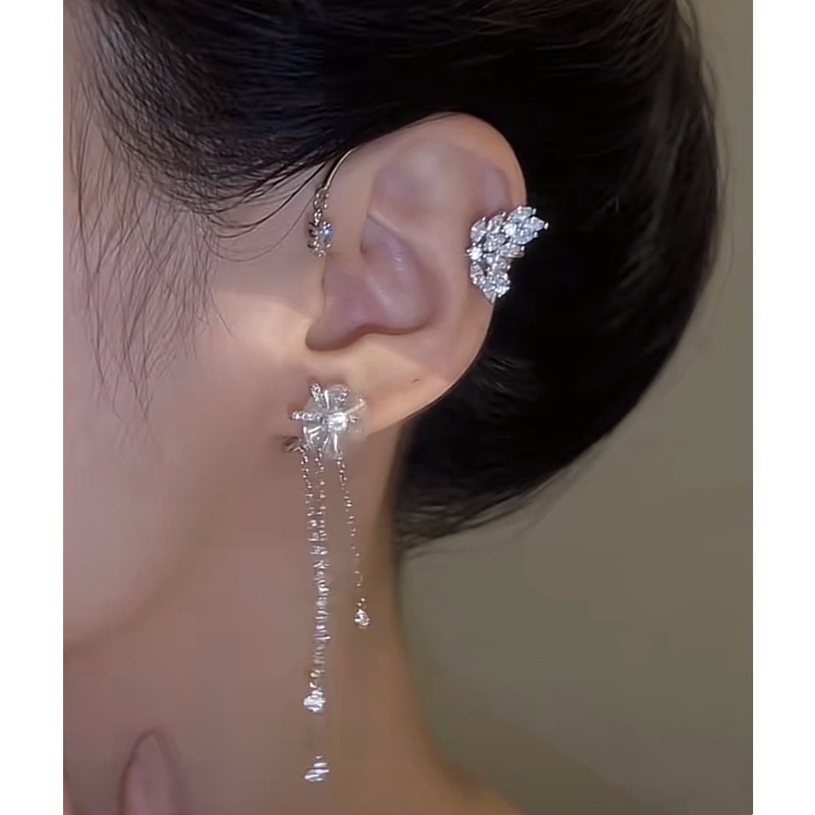 Bông tai vành tai hoa khuyên tai có thể xoay tua rua đính đá sáng lấp lánh dành cho nữ