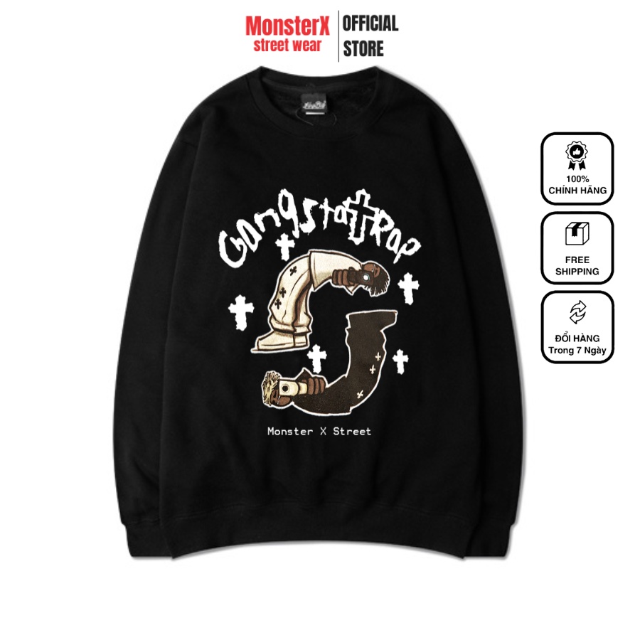 Áo dài tay trơn NỈ BÔNG Unisex Monster X Street Gang Trap Sweater Ulzzang cặp đôi nam nữ form rộng oversize Hàn Quốc