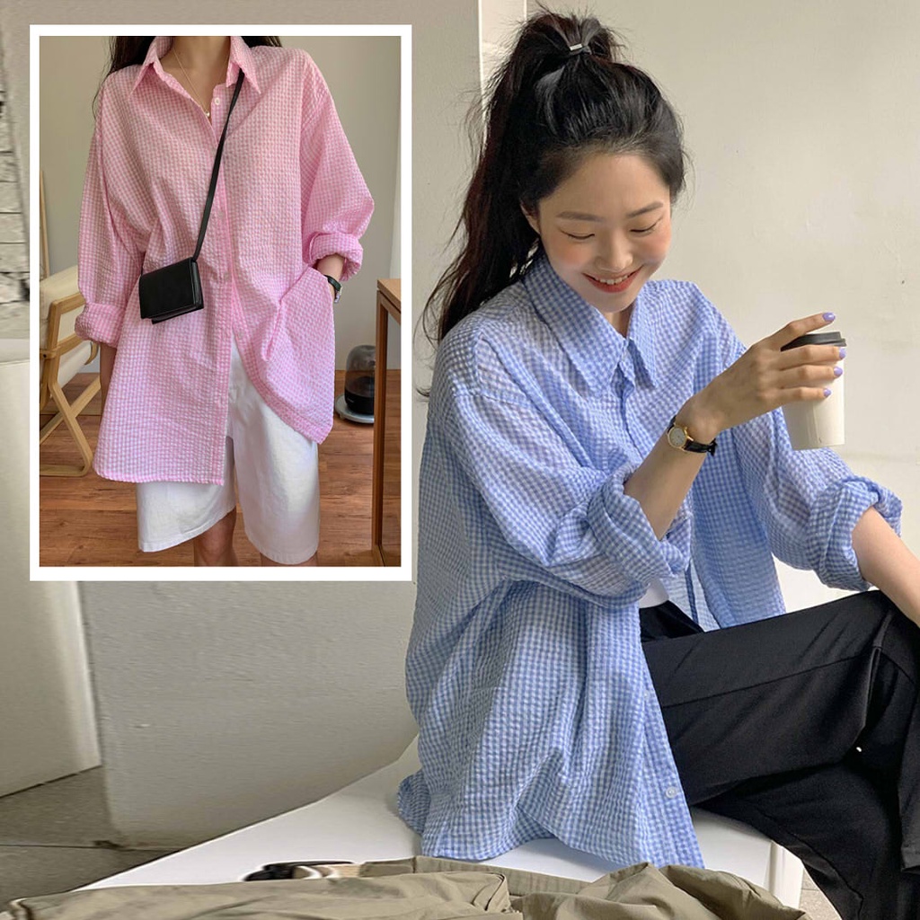 Áo sơ mi xốp caro nhỏ A044 2 màu form rộng bigsize dễ phối đồ/ Áo sơ mi nữ tay dài đa di năng style hàn quốc ANYASHOP234