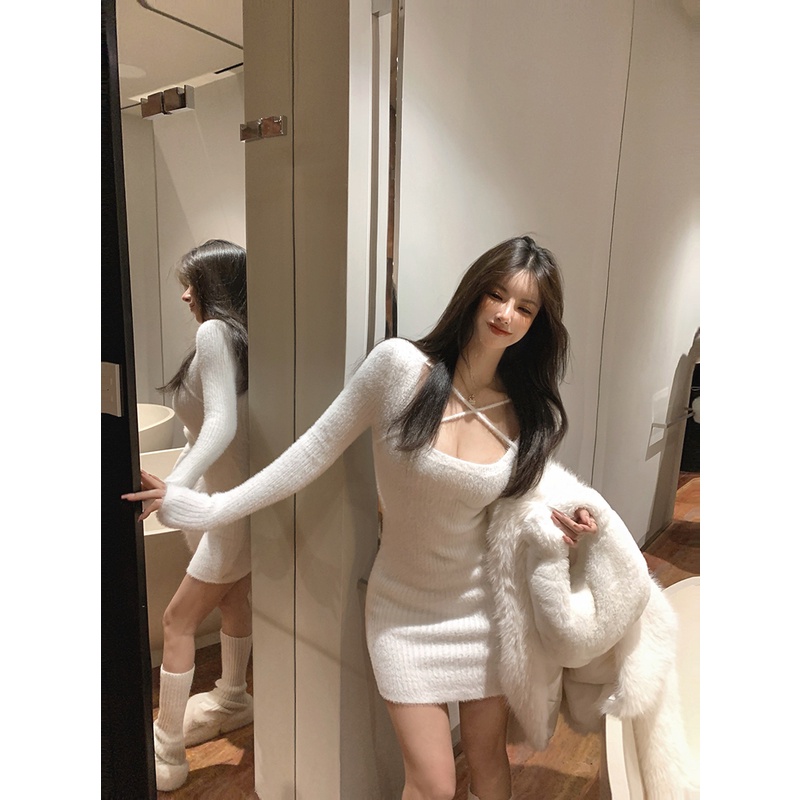 Đầm ZHELIHANGFEI dệt kim tay dài eo cao thiết kế quyến rũ thời trang dành cho nữ