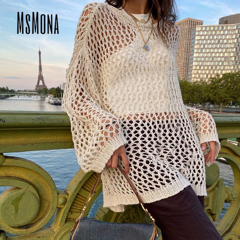 MsMona Áo Sweater Dệt Kim Tay Dài Dáng Rộng Cổ Tròn Màu Trơn Thời Trang 2022 Cho Nữ