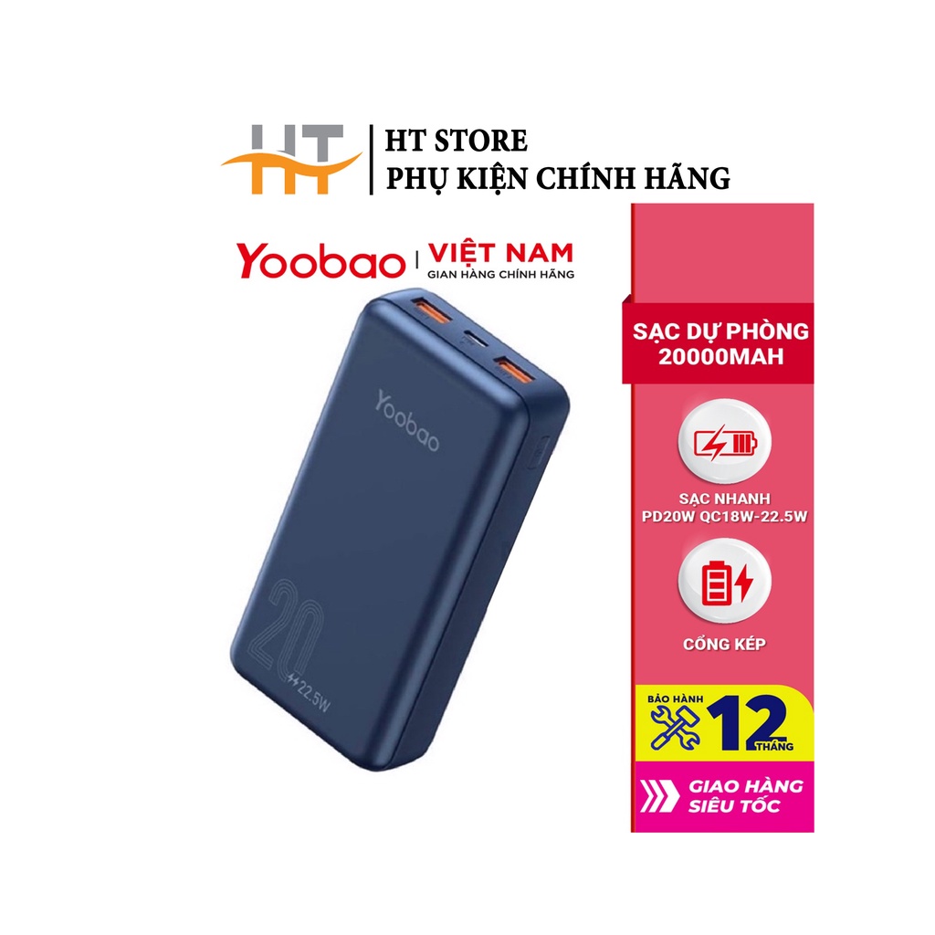 Pin sạc dự phòng 20000mAh D20Q Yoobao PD 20 Sạc nhanh công suất 22,5W-Bảo hành 12 tháng