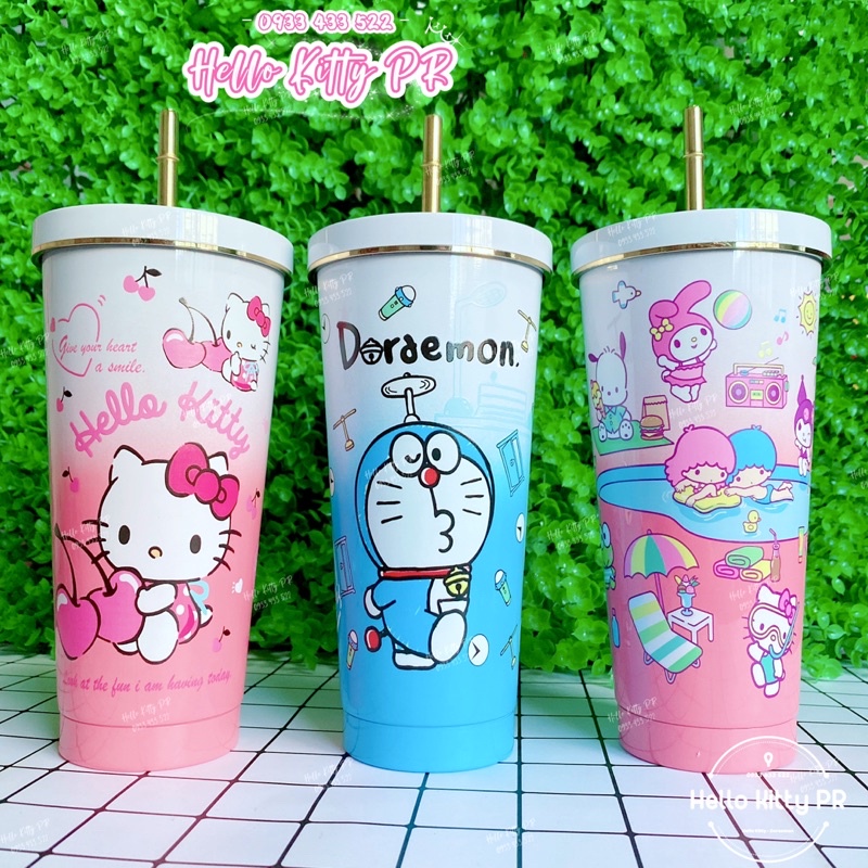 Ly giữ nhiệt 900ml tặng kèm ống hút HelloKitty Doremon Kuromi Purin Pochacco Doraemon