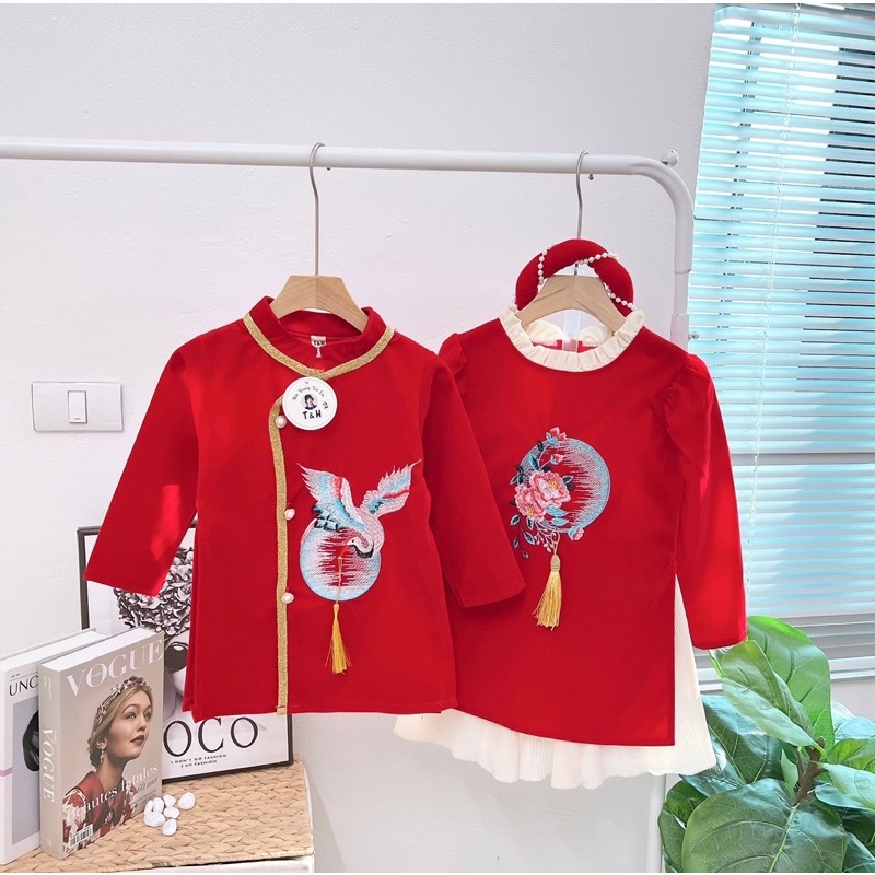 Set áo dài nhung đôi giống nhau cho bé trai và gái