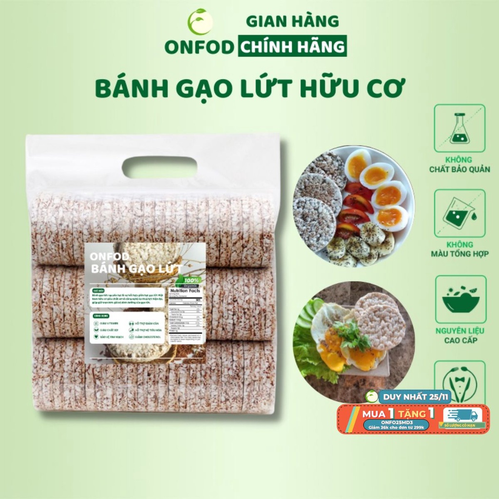 Bánh gạo lứt ONFOD hữu cơ bánh ăn kiêng giảm cân thực dưỡng cho người tập gym, yoga, mẹ bầu 500g