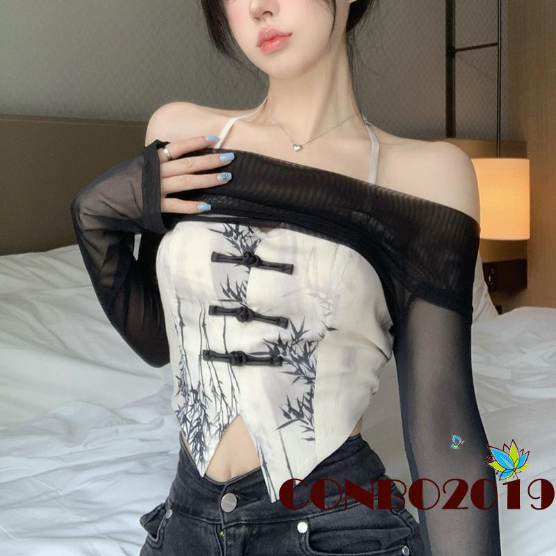 Set Áo Lửng Tay Dài Và Áo Hai Dây Họa Tiết Lá Tre Thời Trang Quyến Rũ Cho Nữ