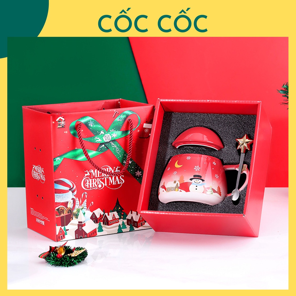 Bộ cốc ly sứ Christmas ngôi sao tuần lộc Noel Cốc Cốc kèm túi quà dùng để uống nước, trà, cà phê, tặng bạn bè người thân