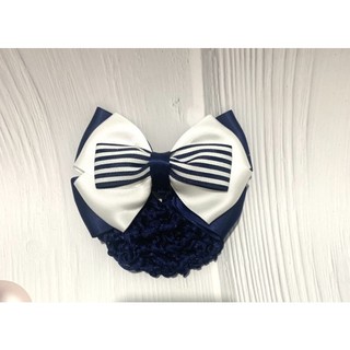 Kẹp tóc búi lưới handmade xanh mực trắng phối nơ gân sọc