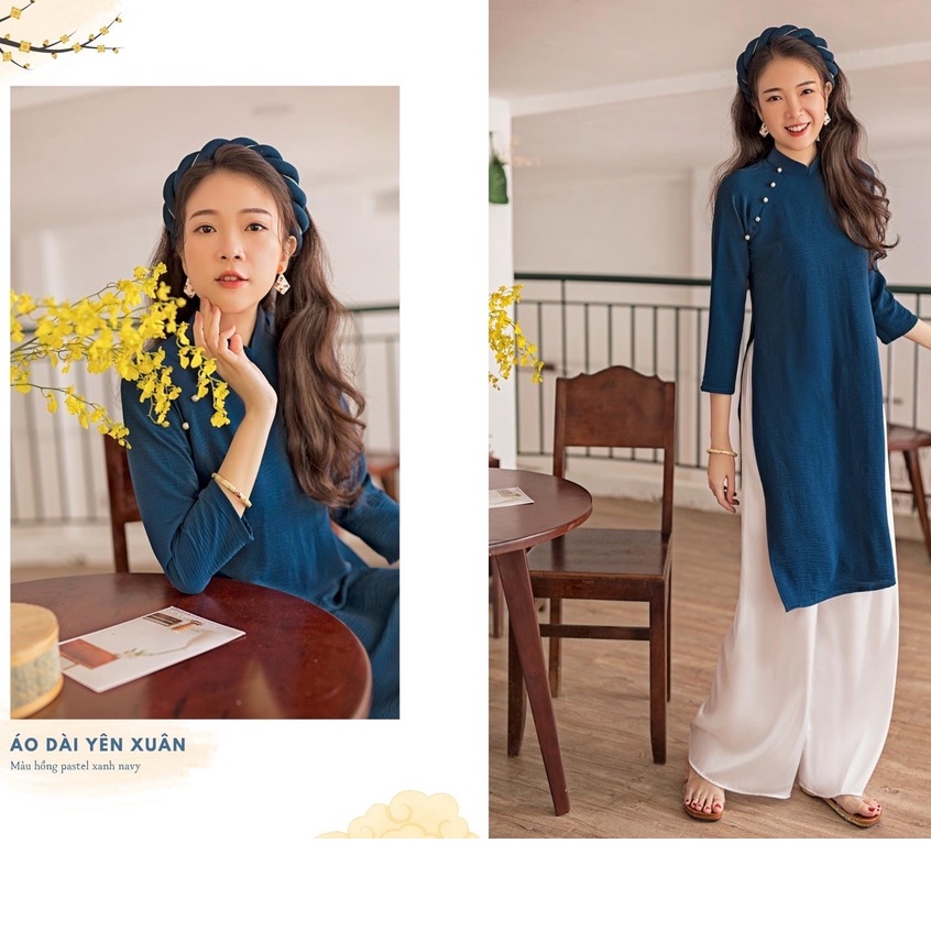 Áo dài nữ cách tân màu xanh trơn kèm mấn xinh cho các chị em