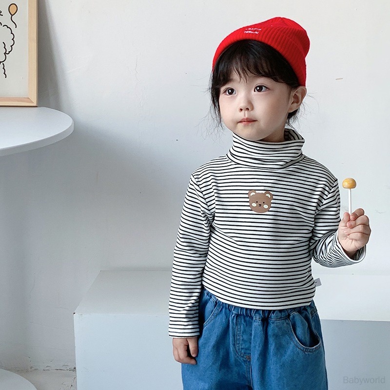 Áo Thun Tay Dài Cổ Lọ Vải Lông Thêu Hình Gấu Hoạt Hình Phong Cách Hàn Quốc Dành Cho Bé Gái