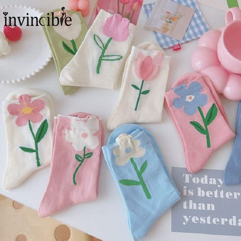 Vớ Cổ Trung Thoáng Khí In Họa Tiết Hoa Tulip Màu Sắc Ngọt Ngào Thời Trang Xuân Thu Cho Nữ