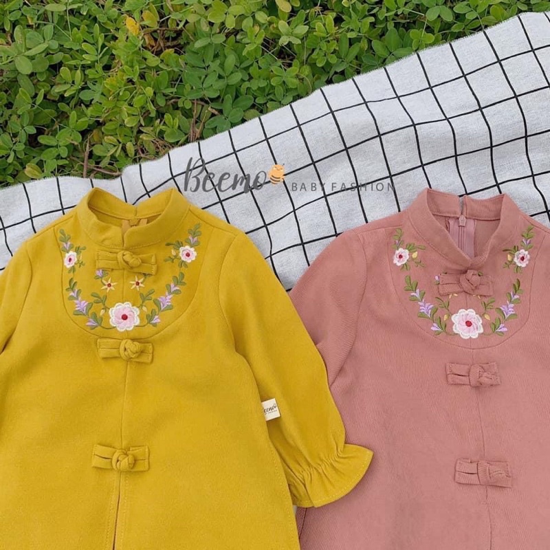 Set áo dài nhung tăm thêu hoa kèm quần cho bé gái từ 8-23kg