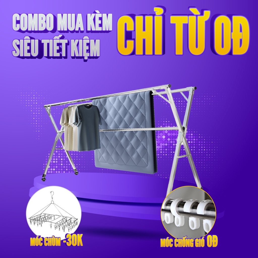 Giá phơi quần áo thông minh, Giàn phơi gấp gọn chất liệu inox bền bỉ chắc chắn (bán kèm bánh xe) tặng MÓC CHỐNG GIÓ