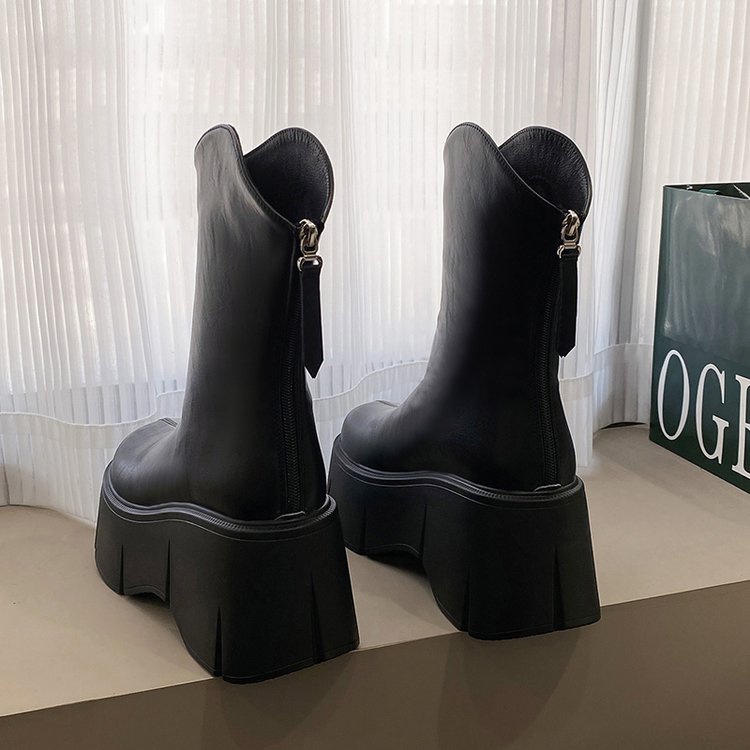 Giày Bốt Cao Gót Cổ Ngắn Màu Trơn Có Khóa Kéo Sau Lưng 24H