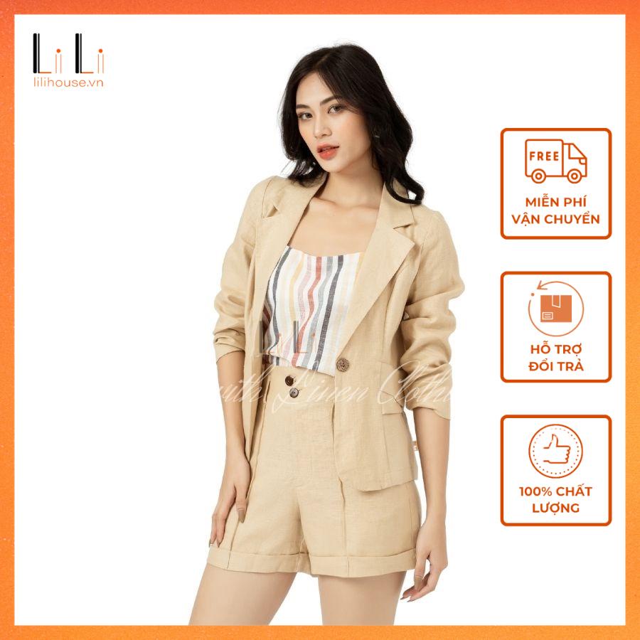 Áo Khoác Blazer Nữ Dài Tay Thiết Kế Chiết Eo Có Túi Chất Liệu Linen Cao Cấp Phong Cách Hàn Quốc