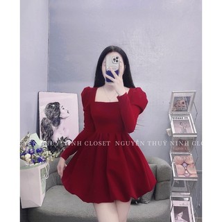 ĐẦM NHUNG CỔ U TAY DÀI