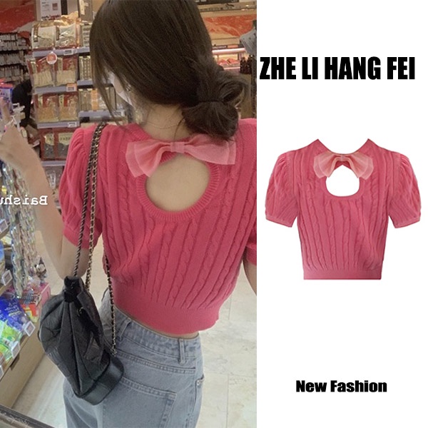 Áo sweater ZHELIHANGFEI tay phồng đính nơ xinh xắn hợp thời trang