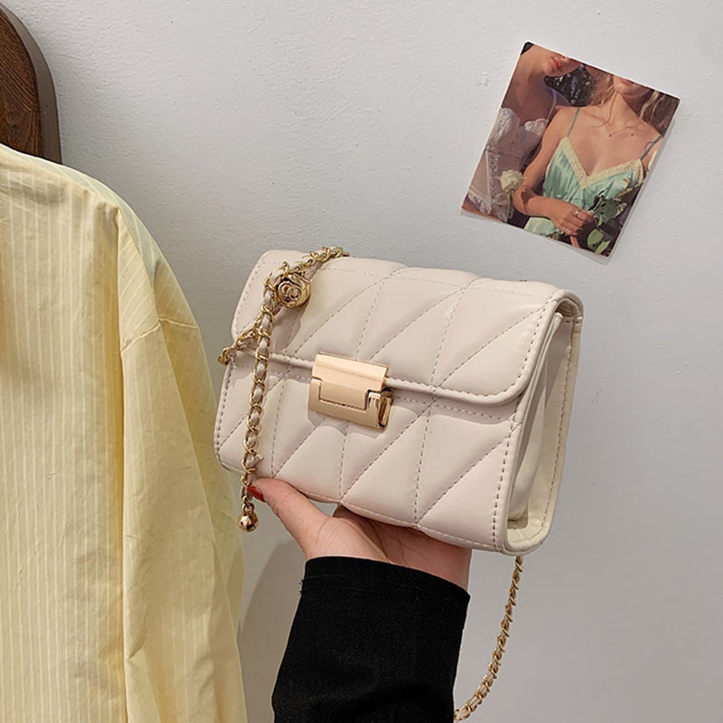 Túi Đeo Chéo Dây Xích Hình Thoi Nhỏ Màu Vàng Phong Cách Hàn Quốc Cho Nữ