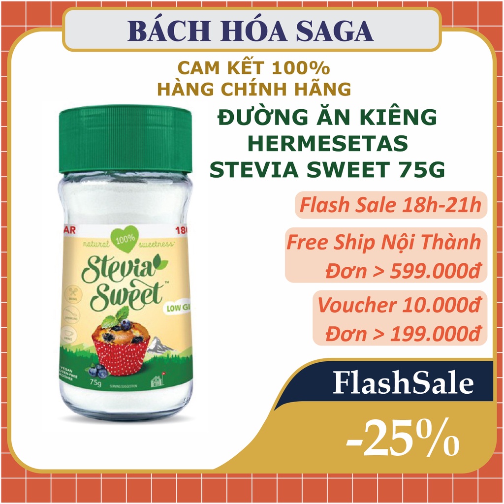 Đường ăn kiêng Hermesetas Stevia (Cỏ ngọt) lọ thủy tinh 75g- Đường ăn kiêng chính hãng nhập khẩu Thụy Sỹ