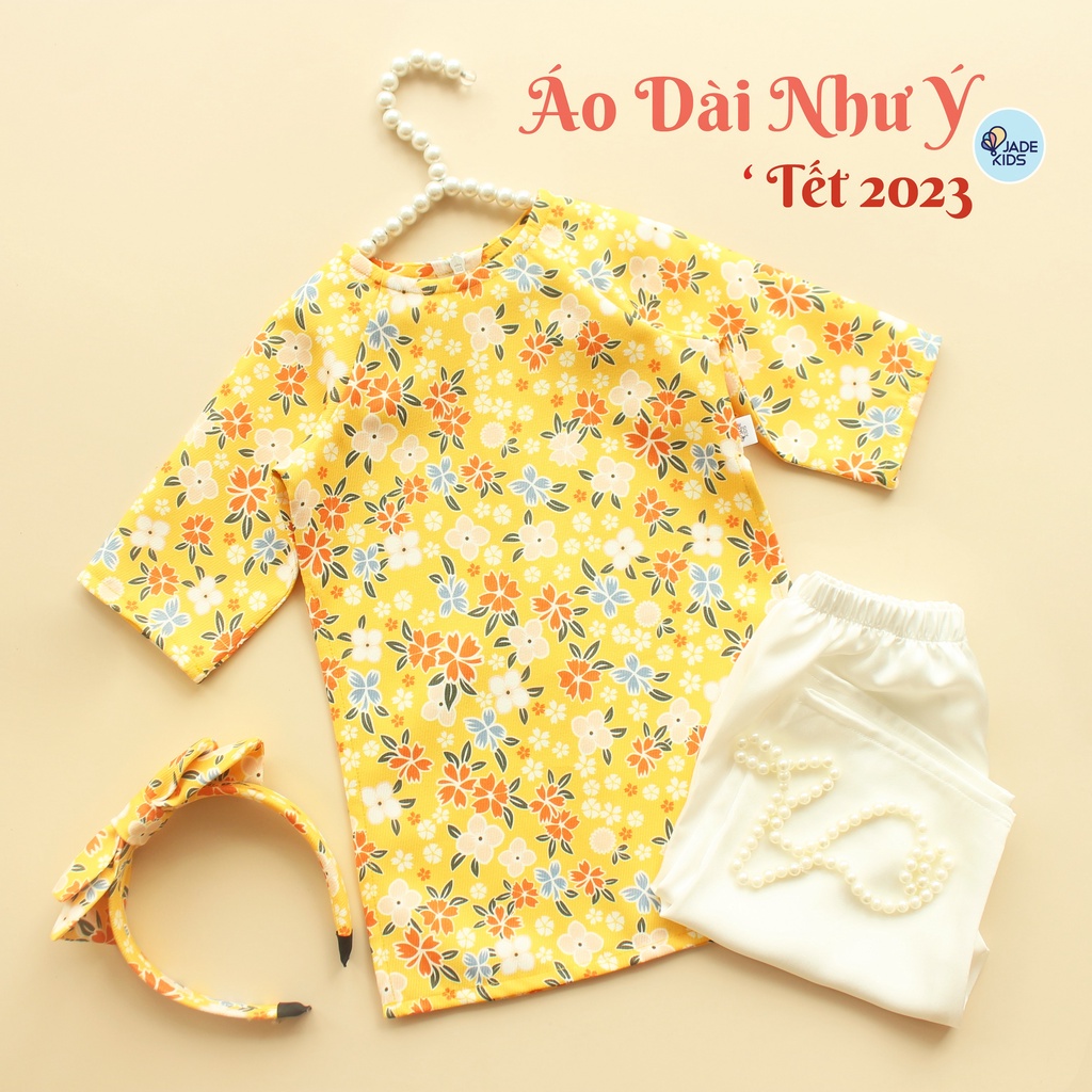 Áo dài cách tân cho bé Áo dài tết Như Ý Vàng 2023 TẶNG kèm bờm xinh cho bé chất liệu vải nhung tăm mềm họa tiết hoa xinh