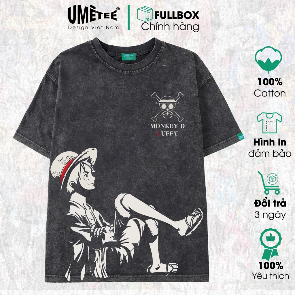 Áo thun wash xám tay lỡ unisex in hình Monkey D. Luffy One Piece Umetee cotton form rộng oversize phong cách đường phố