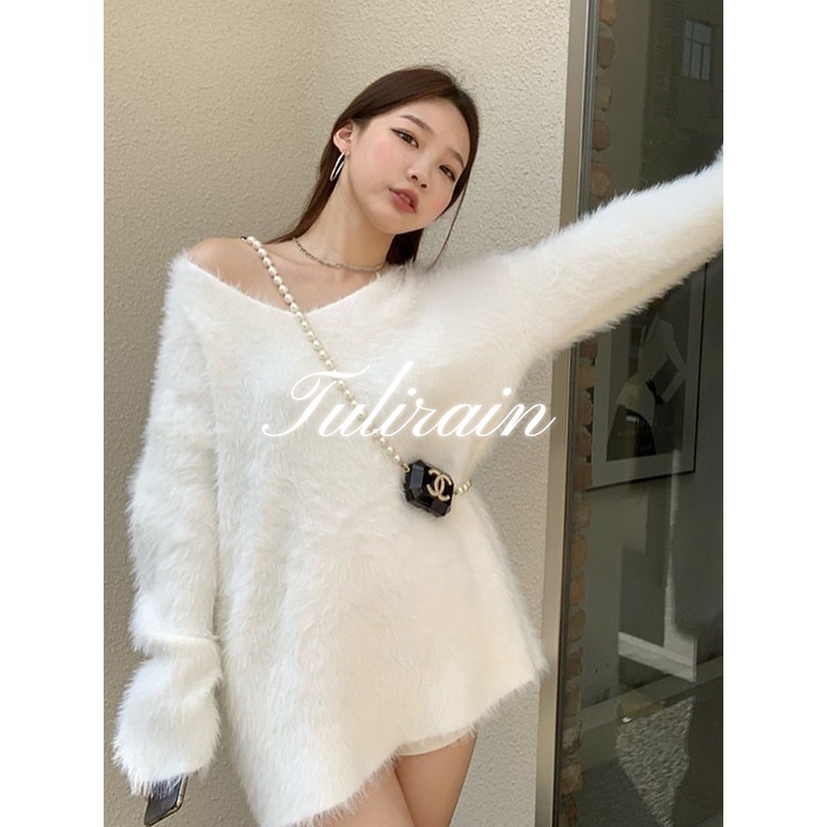 Tulirain Áo Khoác sweater Dệt Kim Cổ Chữ V Dáng Rộng Vải Nhung Lông Chồn Mềm Mại Thời Trang Thu Đông 2022 Cho Bạn Gái