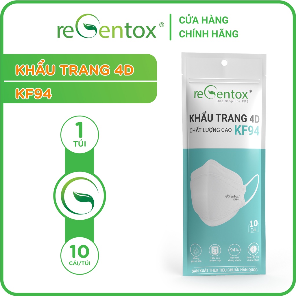 Khẩu Trang KF94 Regentox 4 Lớp Thông Thoáng, Lọc Bụi, Mùi Hôi, Vi Khuẩn 10 Cái/Túi
