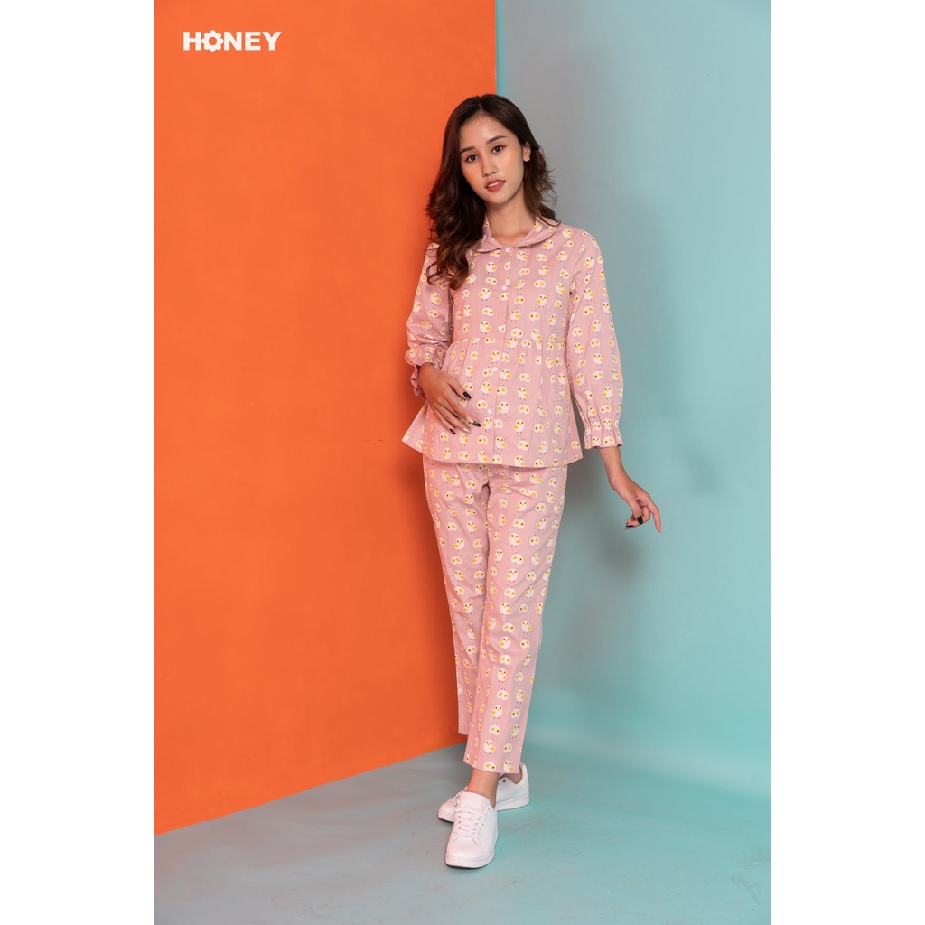 Bộ đồ bầu pijama chất thô hàn mềm, quần có chun rút điều chỉnh theo kích cỡ bụng - Thời trang đầm bầu cao cấp HONEY