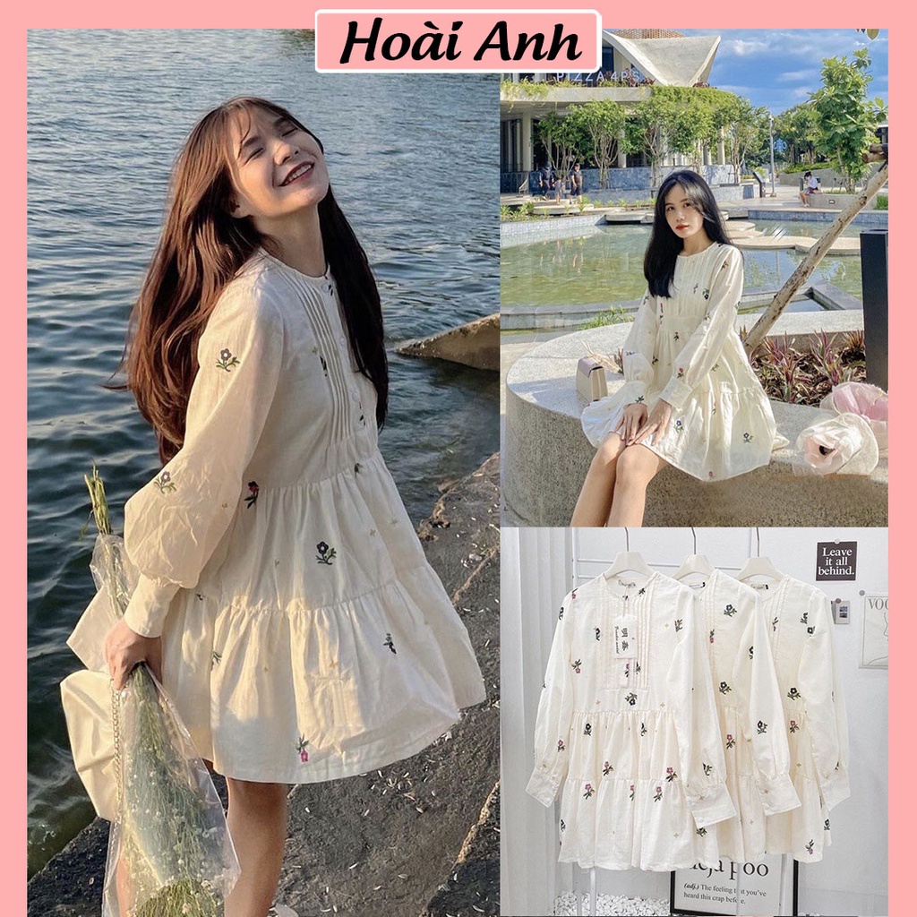 Váy Babydoll Nữ Đầm Nữ Trắng Dài Tay Hoa Nhí 2 Lớp Dáng Xoè Rộng