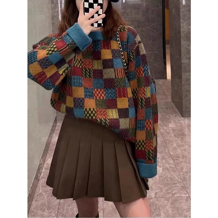 Áo sweater Dệt Kim Dày Dáng Rộng Kẻ Sọc Kiểu retro Nhật Bản Thời Trang Thu Đông Cho Nữ