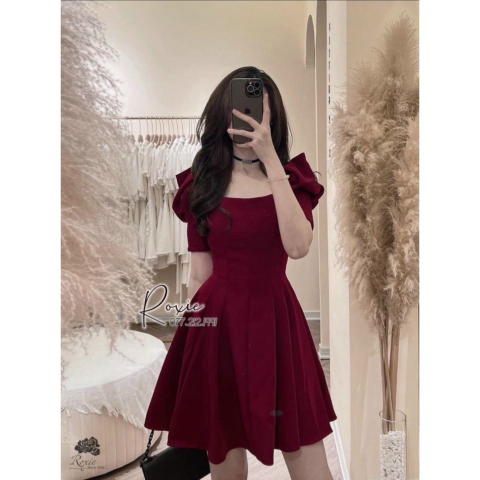 Váy đi tiệc cưới đơn giản vải cotton lạnh có mút xếp ly, đầm tay phồng tiểu thư cổ vuông xòe nữ tính