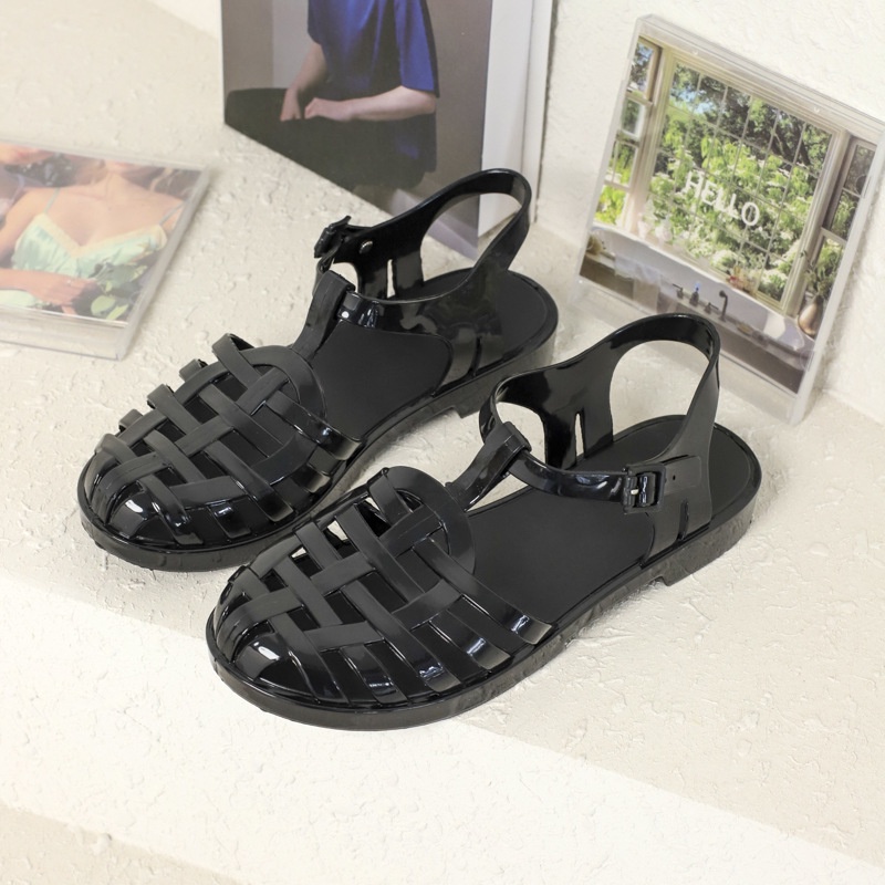 Xăng đan Nhựa Dẻo Đế Bằng Chống Trượt Chống Thấm Nước Phong Cách Vintage Thời Trang