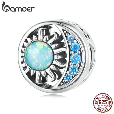 Mặt phụ kiện BAMOER bạc 925 hình mặt trời mặt trăng đính đá opal