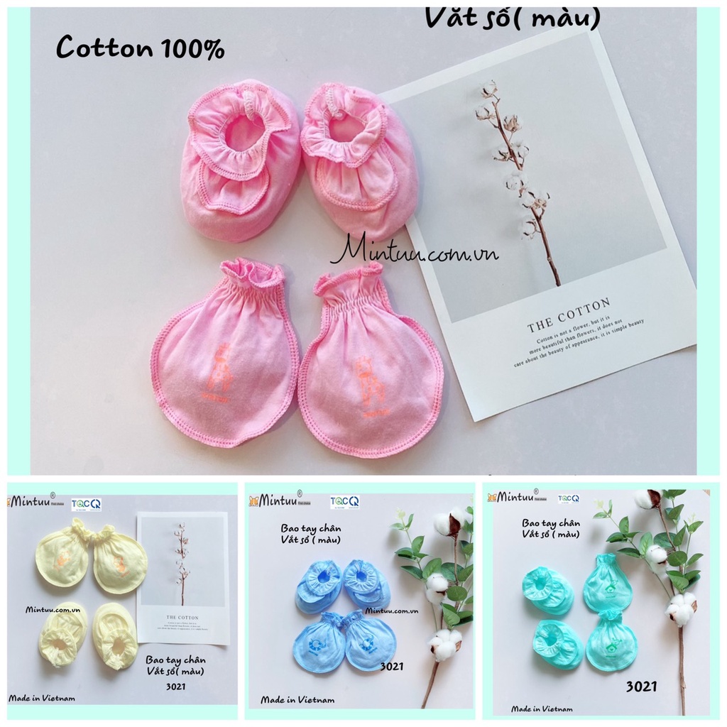 Bao tay bao chân sơ, bao tay chân vắt sổ màu thương hiệu MINTUU, chất liệu vải 100% cotton