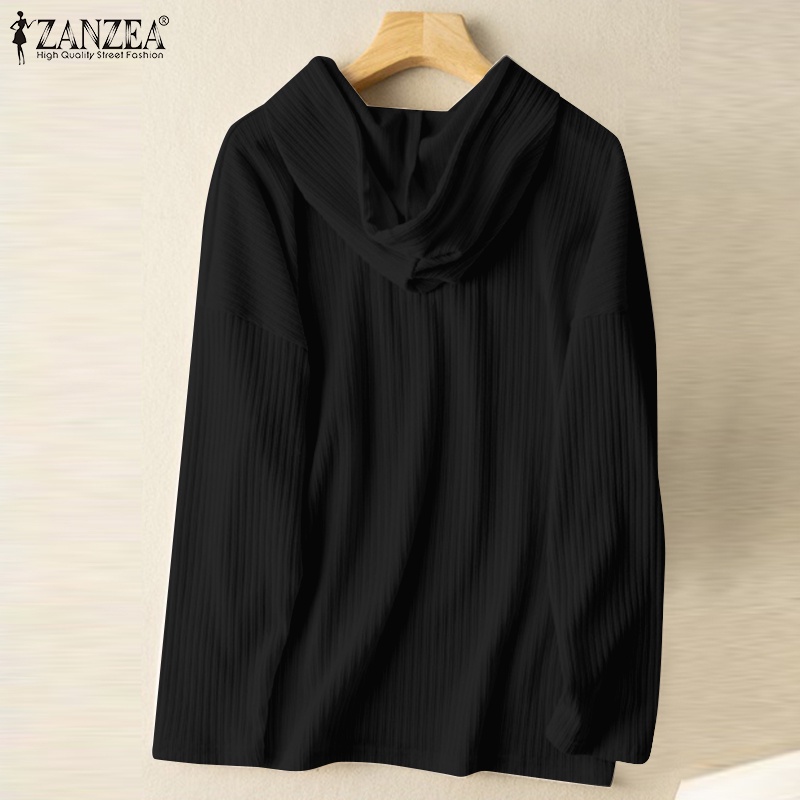 Áo hoodie ZANZEA dài tay dáng rộng màu trơn phối dây rút thời trang dành cho nữ