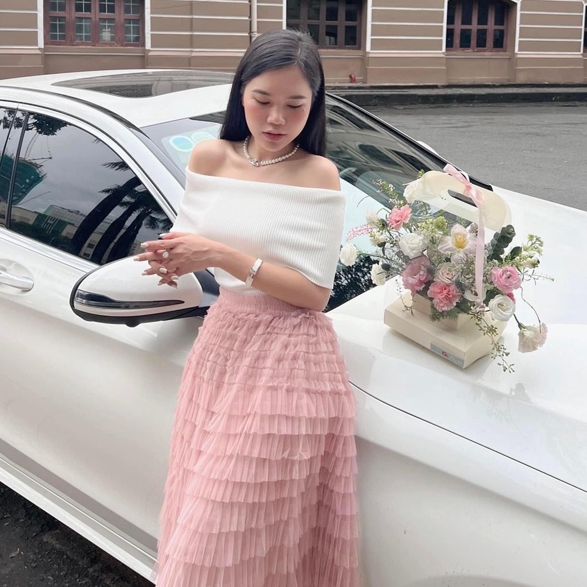 Áo len tăm trễ vai tay ngắn phong cách Hàn quốc đi chơi đi tiệc cực xinh AT159