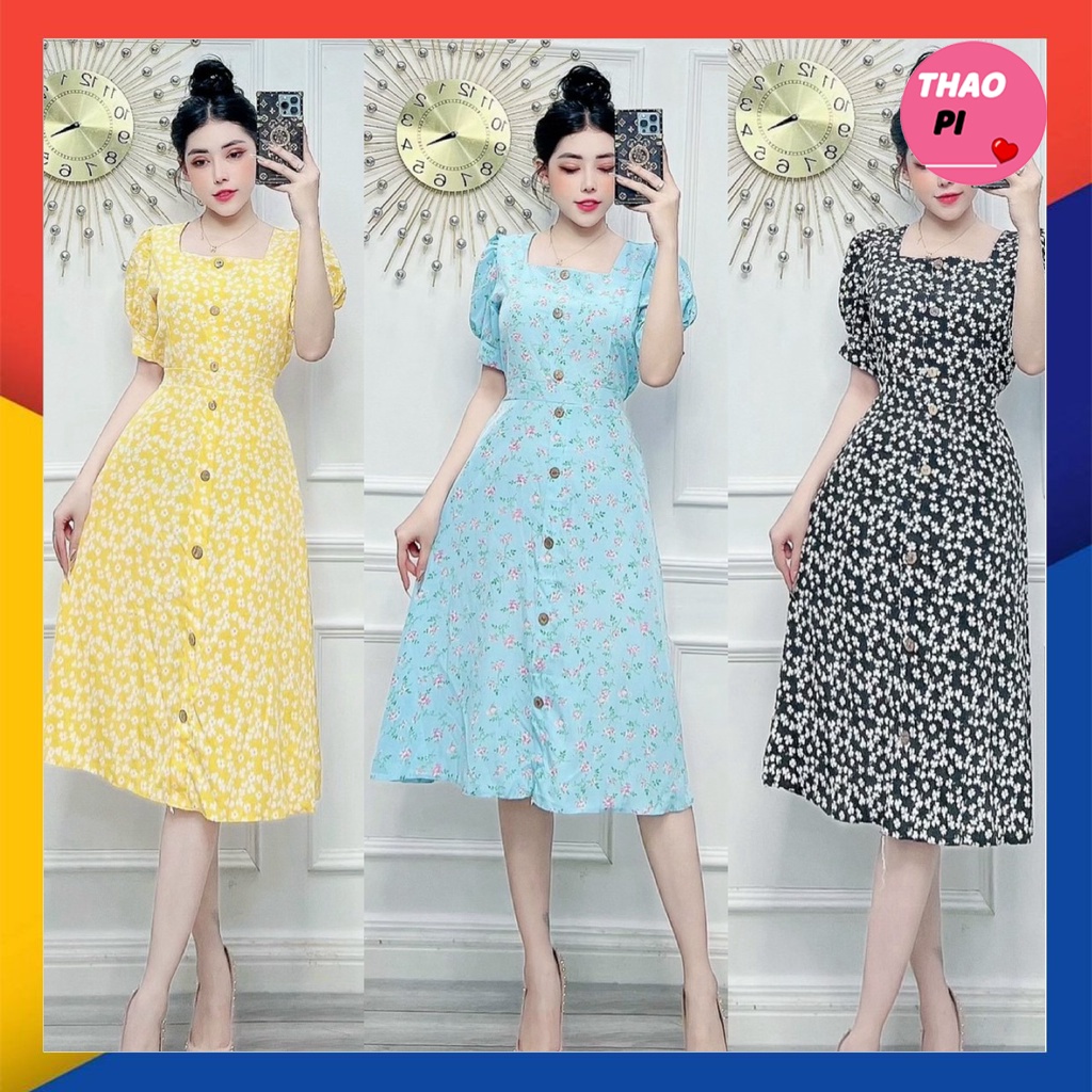 Đầm vintage hoa nhí phối nút tay phồng cột nơ đi dạo du lịch đi chơi siêu xinh hình thật
