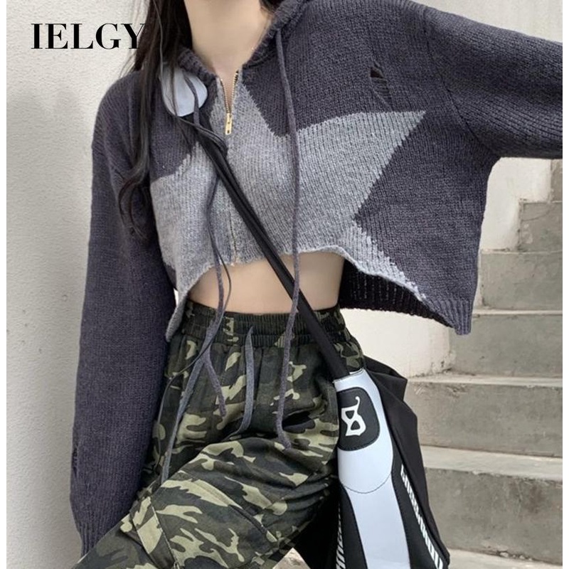 Áo Khoác cardigan Có Nón Họa Tiết Ngôi Sao Màu Sắc Tương Phản Thời Trang Cho Nữ