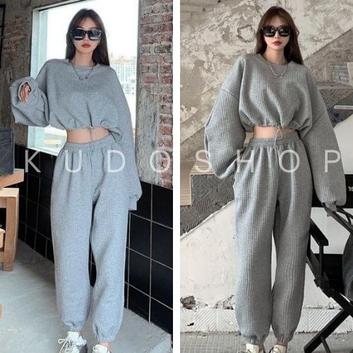 Bộ tổ ong xám cổ tròn tay dài kèm quần bo gấu KUDOSHOP Sét thu đông nữ mặc đi dạo phố, đi chơi trẻ trung