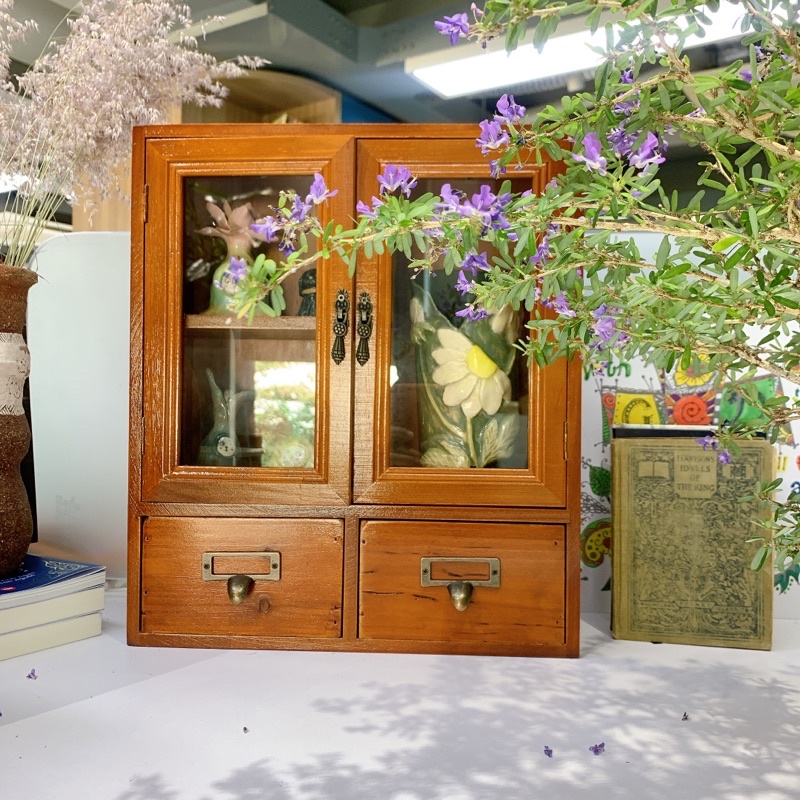 Kệ tủ gỗ vintage, đựng đồ gốm, đồ lưu niệm, mỹ phẩm, nước hoa, decor