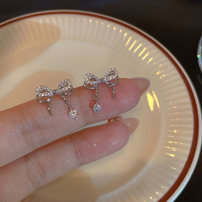 Vòng cổ/Khuyên tai AY hình nơ đính đá pha lê giả thời trang thanh lịch cho nữ