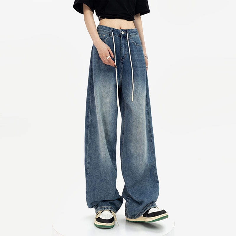 COZOK Quần Jean Lưng Cao Ống Rộng Phối Dây Rút Cá Tính Thời Trang