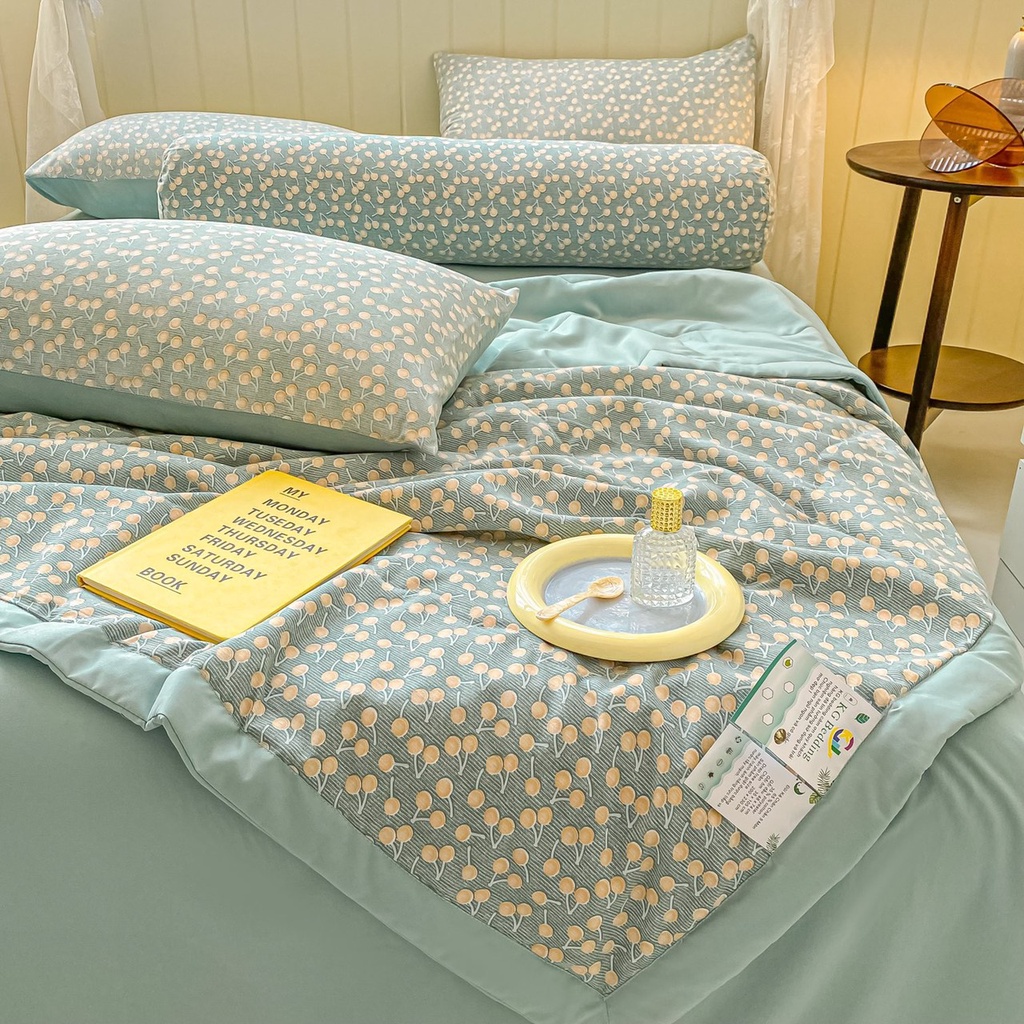 Bộ Chăn Ga Cotton Đũi Kẻ Chăn Chần Vintage - Chất Liệu Cotton Đũi Mềm Mịn , Full Set 5 Món Vỏ Gôí Ôm May Khóa Kéo