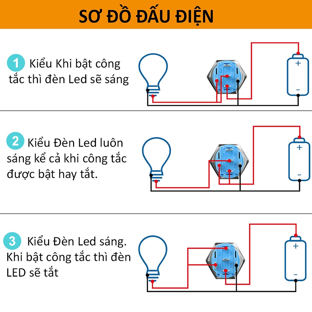 Nút nhấn nhả có đèn LED 16mm 3-6V, 12-24V, 110-220V Thân vỏ Kim loại chống nước