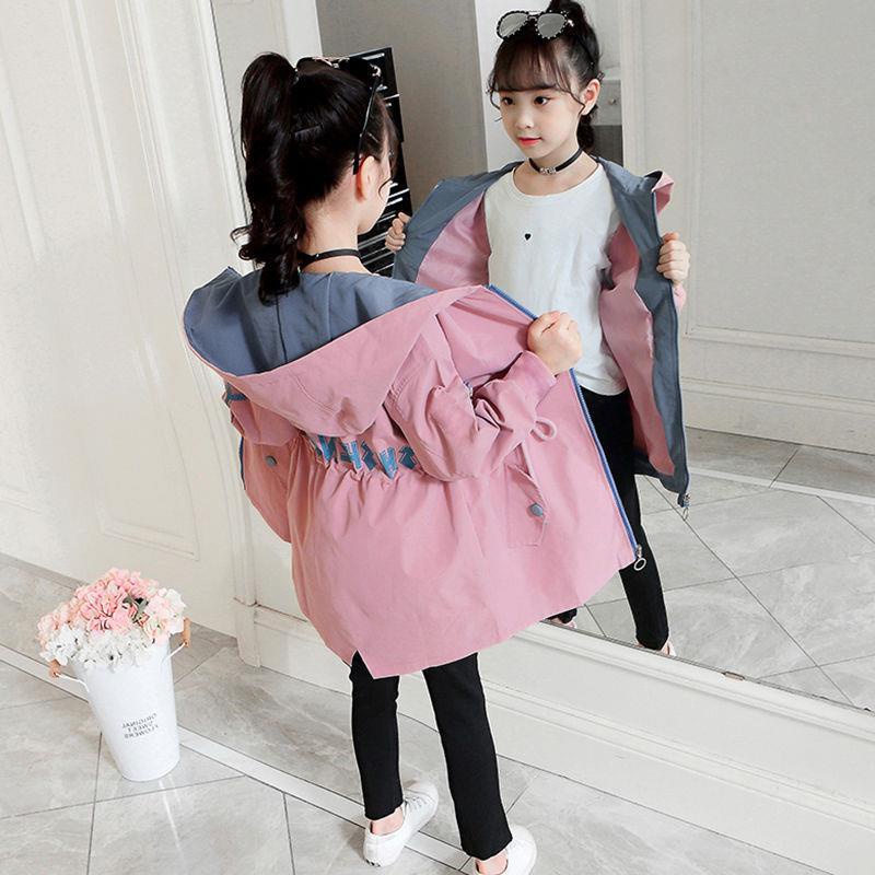 Áo Khoác Gió Dáng Dài Có Mũ Trùm Thời Trang Hàn Quốc Cho Bé Gái UL2T