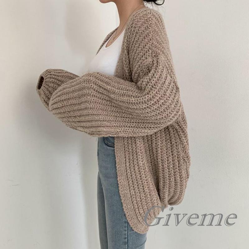 Áo Khoác Cardigan Dệt Kim Tay Phồng Màu Trơn Dáng Rộng Phía Trước Cho Nữ Giới